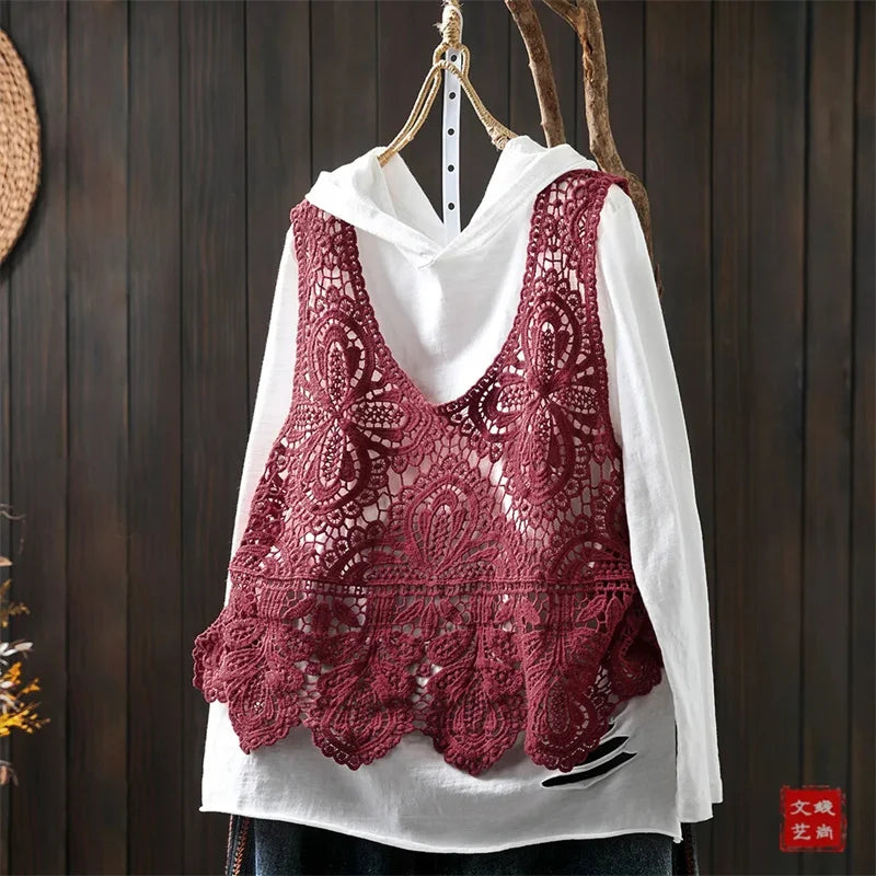 Summer Femme Lace Cotton Lined Vest Spring Women Fashion Knitted Crochet Sleeveless French Lady Hollow-out Sweater Waistcoat Top