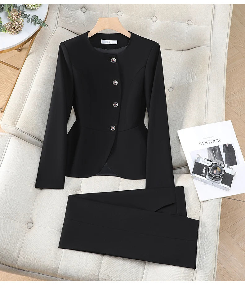 Elegant Ladies Autumn Trousers Suit Women Long Sleeve Blazer and Pants 2 Piece Matching Sets Work Wear Office Formal Outfit