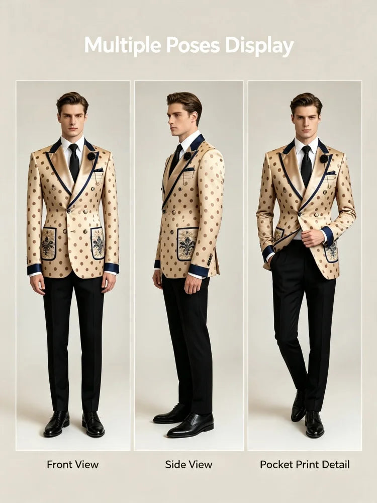 Men's Slim Fit Polka Dot Satin Business Casual Blazer Contrast Peaked Lapel Embroidery Pocket Formal Wedding Party Banquet Stage
