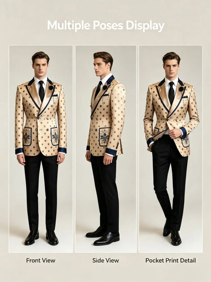 Men's Slim Fit Polka Dot Satin Business Casual Blazer Contrast Peaked Lapel Embroidery Pocket Formal Wedding Party Banquet Stage