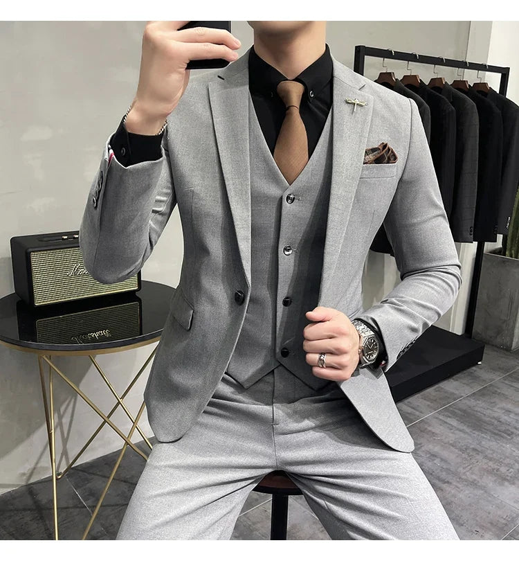 (Jacket +Vest+Pants) Plus Size 7XL-S Men Korean Slim Fit Groom Wedding Business Casual Tuxedo Mens Work Social Suit 3 Pieces