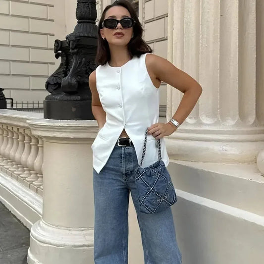 Woman Vest Outerwears Sleeveless Long Vests For Women Office Casual Women's Suit Vest Autumn Button Black White Vest