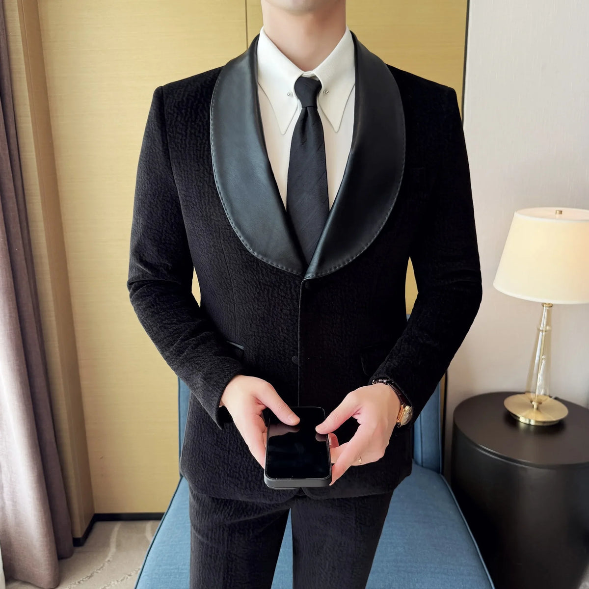 British Style PU Patchwork Suit for Men Casual Business Wedding Suits 2 Pieces Set (jacket+pant) Office Work Party Prom Suit