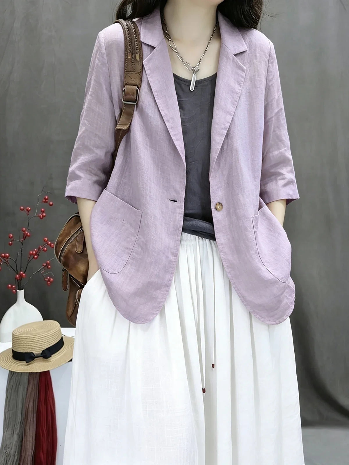 2026 New Summer Casual Cotton Linen Short Coat Women's Pure Color Suit Top Versatile Loose Fit Thin Material Seven Sleeve