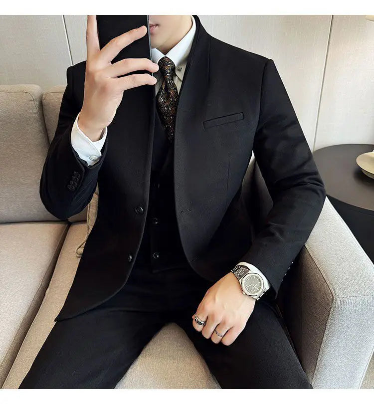Men's 3-Piece Slim Fit Stand Collar Suit – Wedding, Prom & Office Formal Set