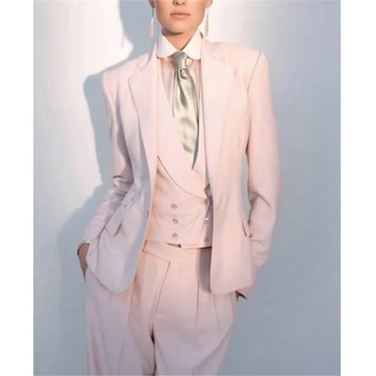 Office Ladies Pantsuits Pink Women Business Classic Single Buttons Flared Pants Blazer Vest Pants Three Piece Set Formal Suit
