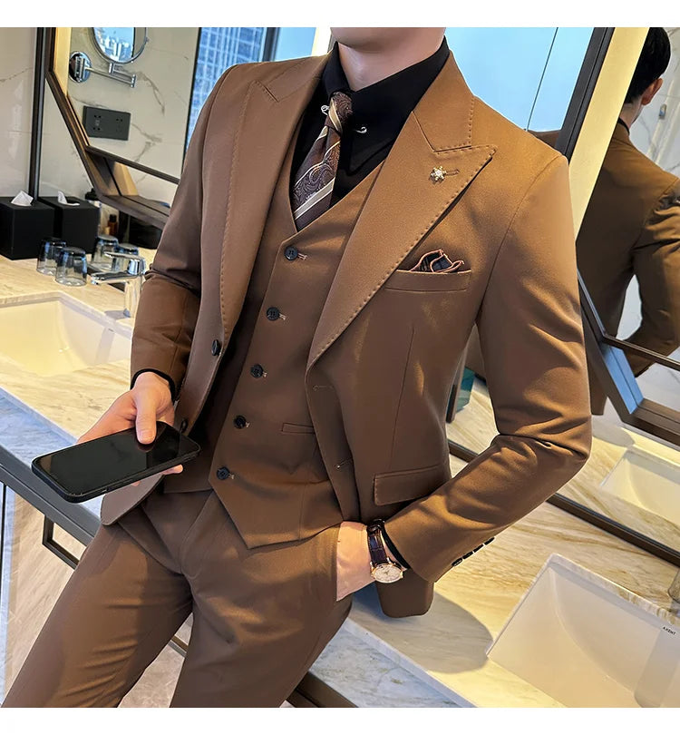 (Blazer + Vest + Trousers) 2024 New Men Formal Business Solid Suit 3 Pieces Set Italian Style Luxury Wedding Social Party Tuxedo