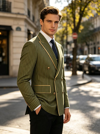 Pinstripe Double Breasted Peak Lapel Mens Suit Jacket Business Slim Fit Gold Trim Striped Coat Formal Wedding Prom Banquet Party