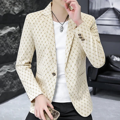 Korean Letter Print Men Blazers Brand 2024 Spring Casual Business Suit Jackets Slim Fit Street Wear Social Jacket Men Clothing