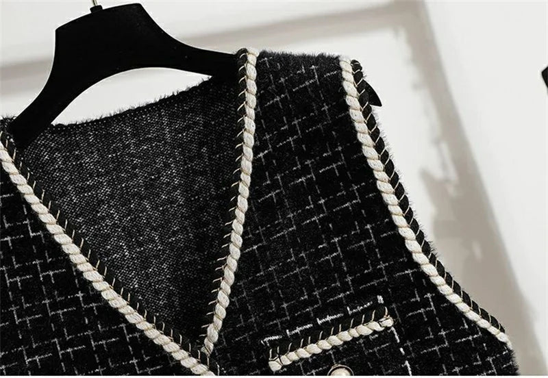 Women V-neck Tweed Sleeveless Vest Female Splicing Together Waistcoat Top Autumn Lady Lmitation Mink Fur Vest Jacket