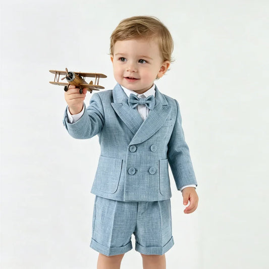 Boys Light Blue Linen Suit 3Pcs Double Breasted Blazer Suspender Shorts Bow Tie Toddler Wedding Birthday Formal Gentleman Outfit