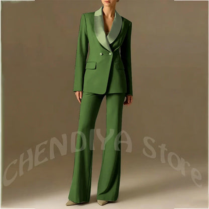 Classic Shawl Lapel Suit For Women Elegant Double Breasted Outfit Solid Color Two Piece Straight Modern Style Office Wear