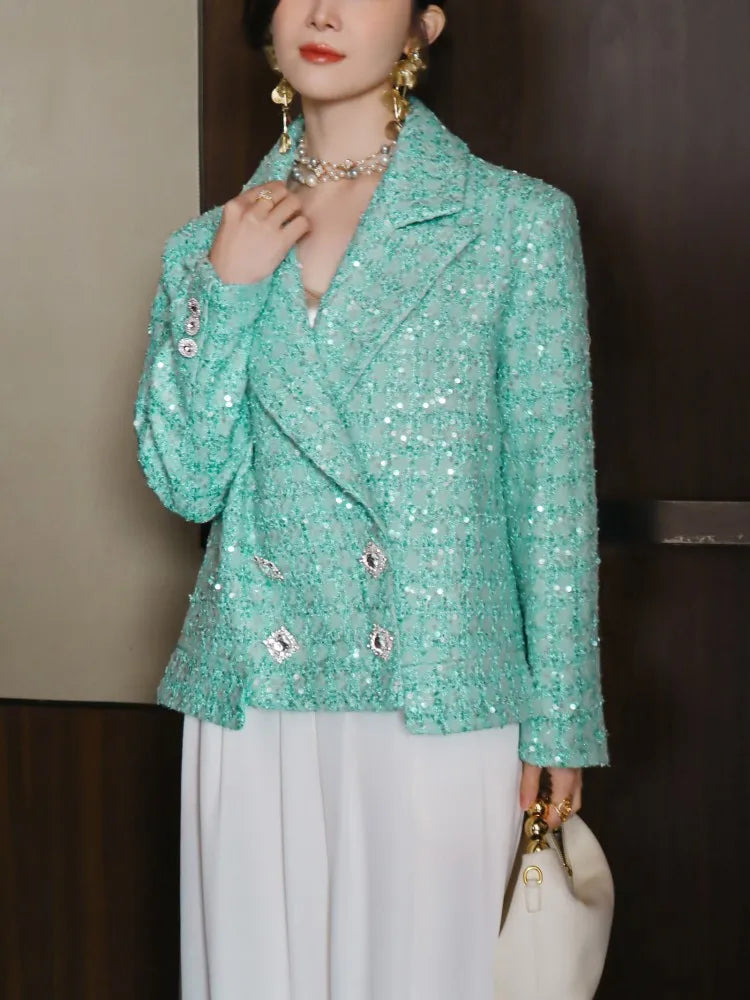 Elegant Women Spring Sequined Tweed Jacket Fashion Office Lady Doubil Breasted Short Coat Turn Down Collar Long Sleeve Outerwear