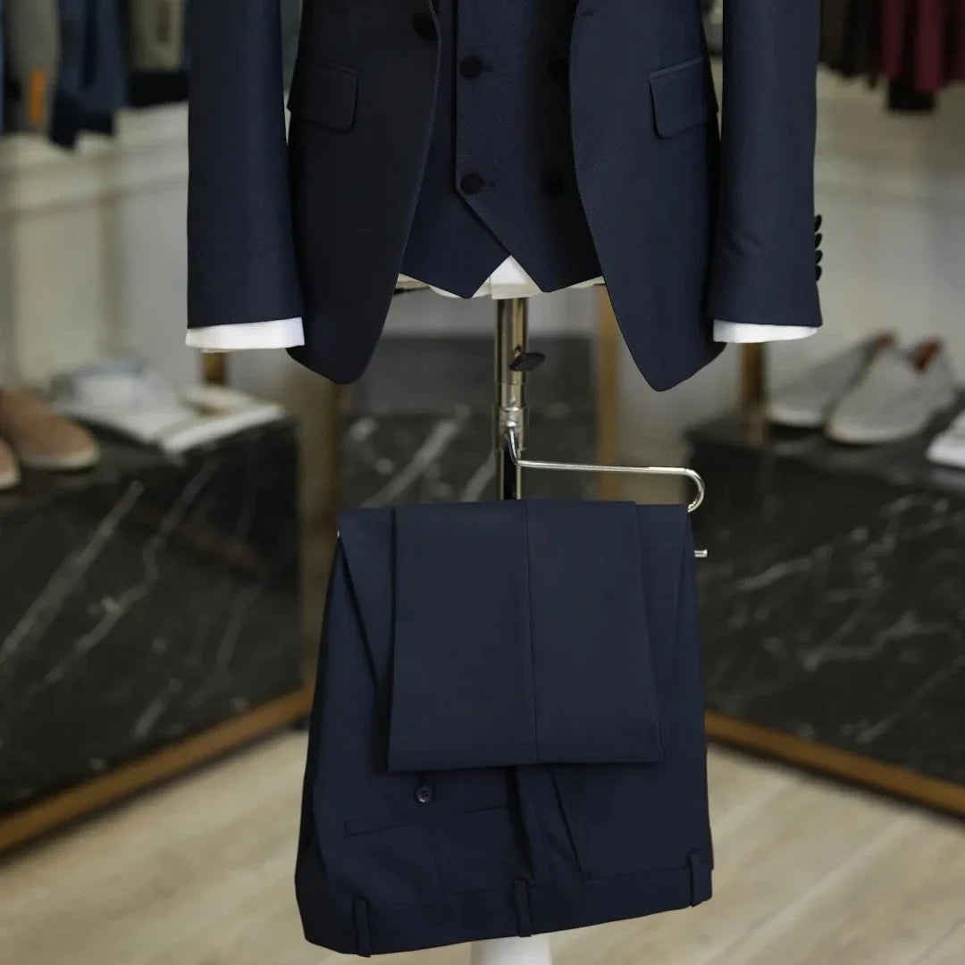 Men Suit 3 Pieces Navy Blue With Lapel Solid For Wedding Banquet Birthday Business Party Prom Work Office Set Jacket Vest Pants