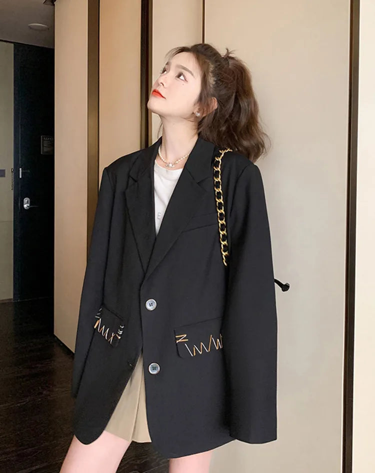 Spring Autumn New Women's Blazer Notched Collar Single Breasted Pockets High-End Elegant Fashion Office Lady Jacket HK13904