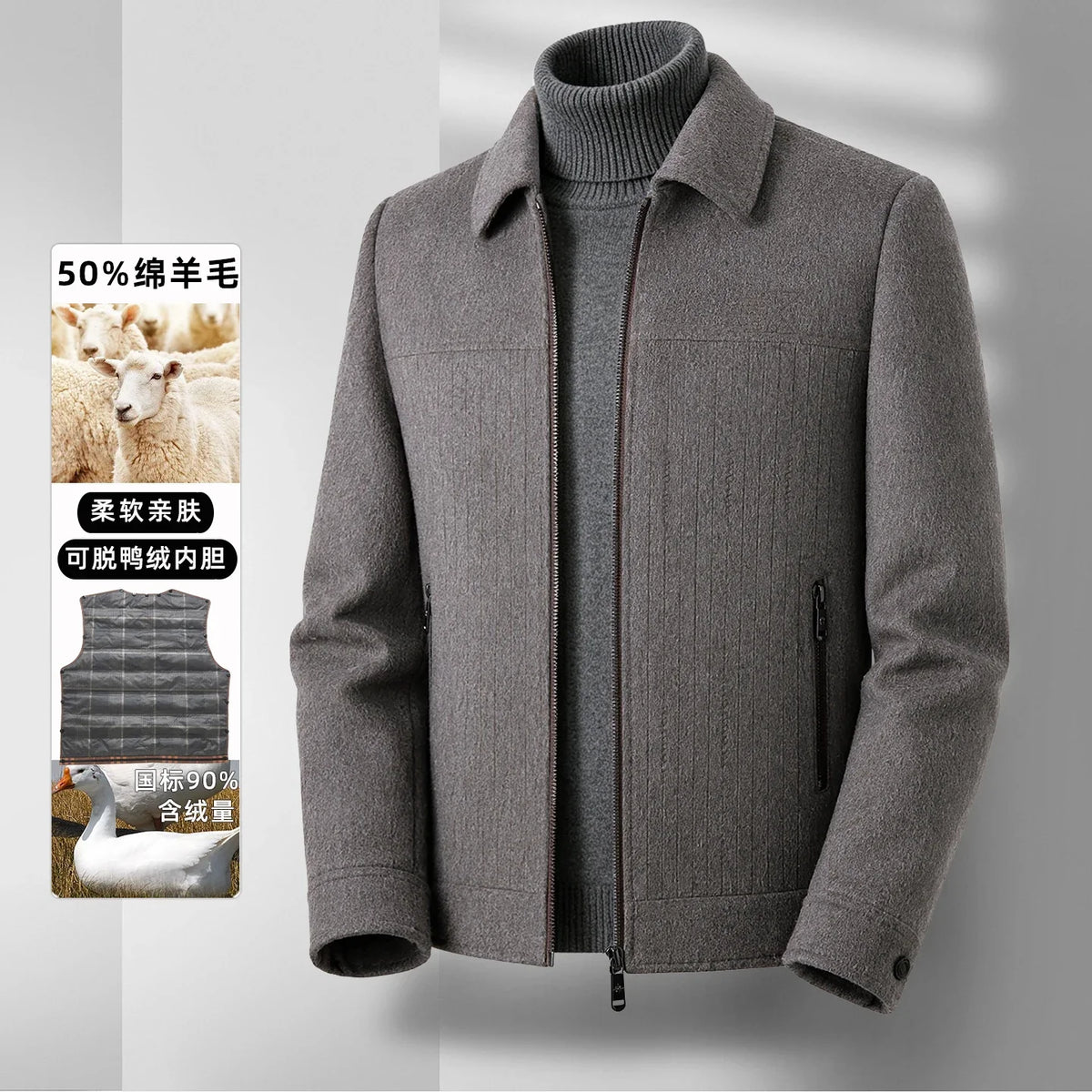Men's Double-Faced Woolen Zipper Jacket Autumn Winter 50% Wool Removable Inner Vest Mid-Youth Fashionable Woolen Top