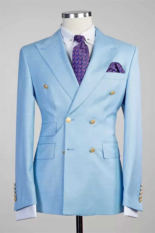 Men's Double Breasted Suit Jacket Sky Blue Plaid Peak Lapel Blazer for Wedding Business