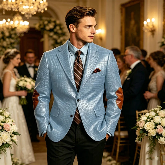 Men's Blazer Crocodile Pattern PU Leather Single-Breasted Two Button Elbow Patches Slim Fit Business Wedding Party Casual Jacket