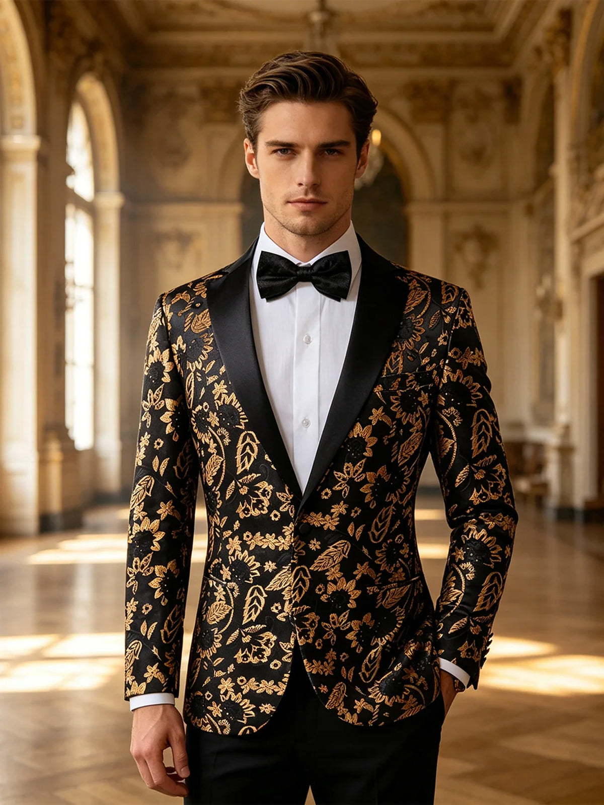 Gold Sunflower Pattern Jacquard Men Tuxedo Blazer, Black Satin Shawl Lapel Single Button Suit Jacket Formal Party Wear