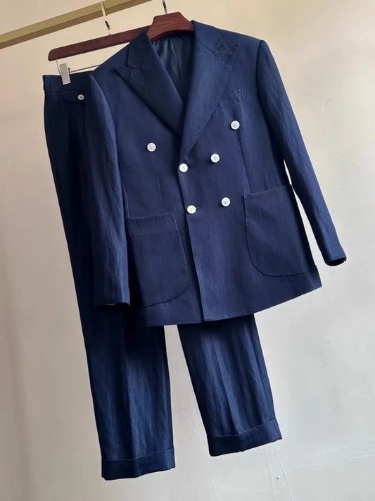 Fashion Business Men Double Breasted Blazer Jacket Formal Suit Set Slim Fit Wedding Party Dress Suit Office Work Two Piece Sets