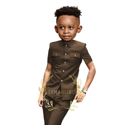Boys Suit Black 2 Pieces Short Sleeve Party Tuxedo Formal Wedding Kids Clothes Indian Style Blazer Pants 2-16 Years Old