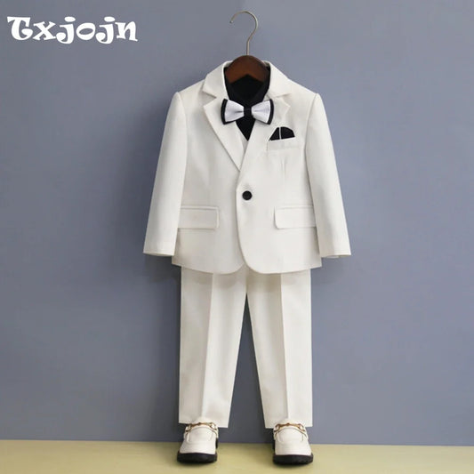 Fast Delivery Kids Formal Suits 4 Pieces Jacket Vest Pants Bow-tie Host Costumes Classic One Button Boys Suit Set 90-170cm
