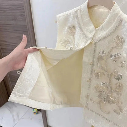 High-end Femme Embroidery Vest Outwear Spring Summer Women Solid Color Waistcoat Coat Ladies Nail Bead Glitter Sleeveless Jacket