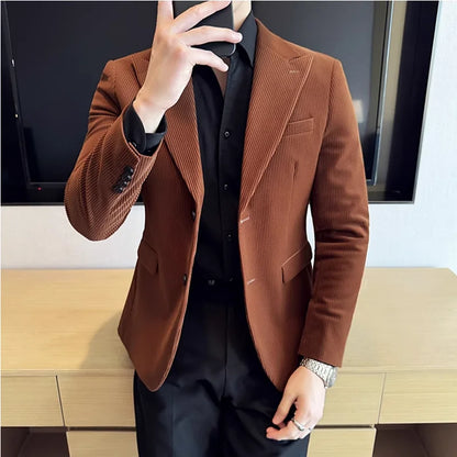 Autumn Winter New Corduroy Striped Suit Jacket Men High Quality Slim Fit Business Social Formal Suit Coats Tailcoat Men Clothing