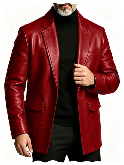 Men's PU Leather Blazer Single Breasted Slim Fit Notched Collar Suit Jacket Motorcycle Sport Coat For Formal Business Party