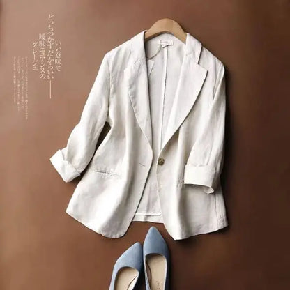 Women's Linen Blazer Loose Fit Single Button 3/4 Sleeve Lightweight Casual Suit Jacket