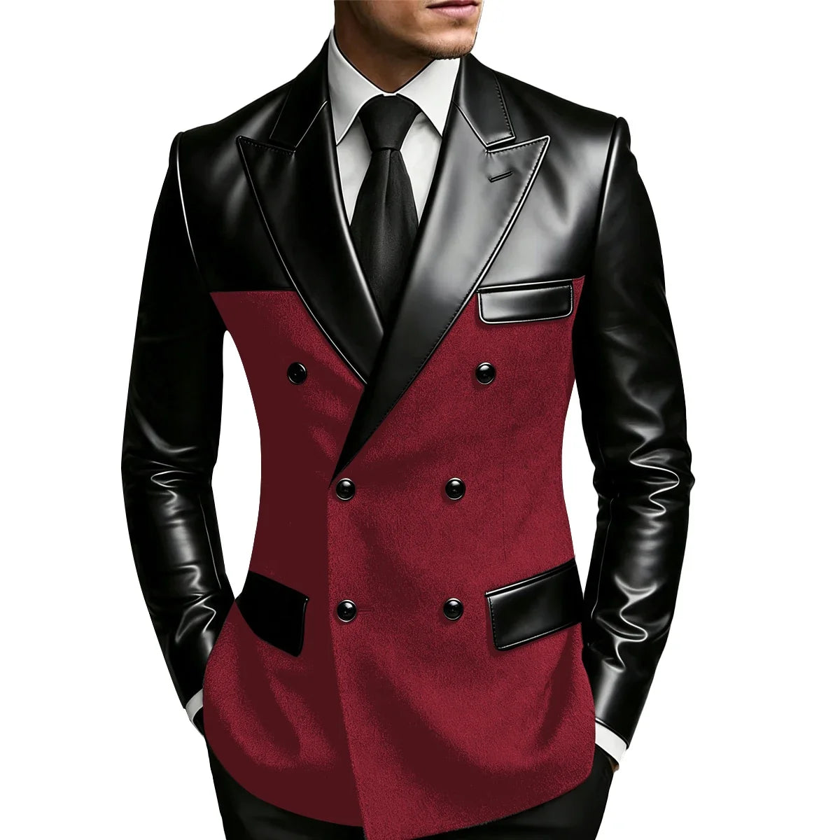 Men's Double Breasted Suit Blazer with Leather Patchwork for Weddings and Formal Events