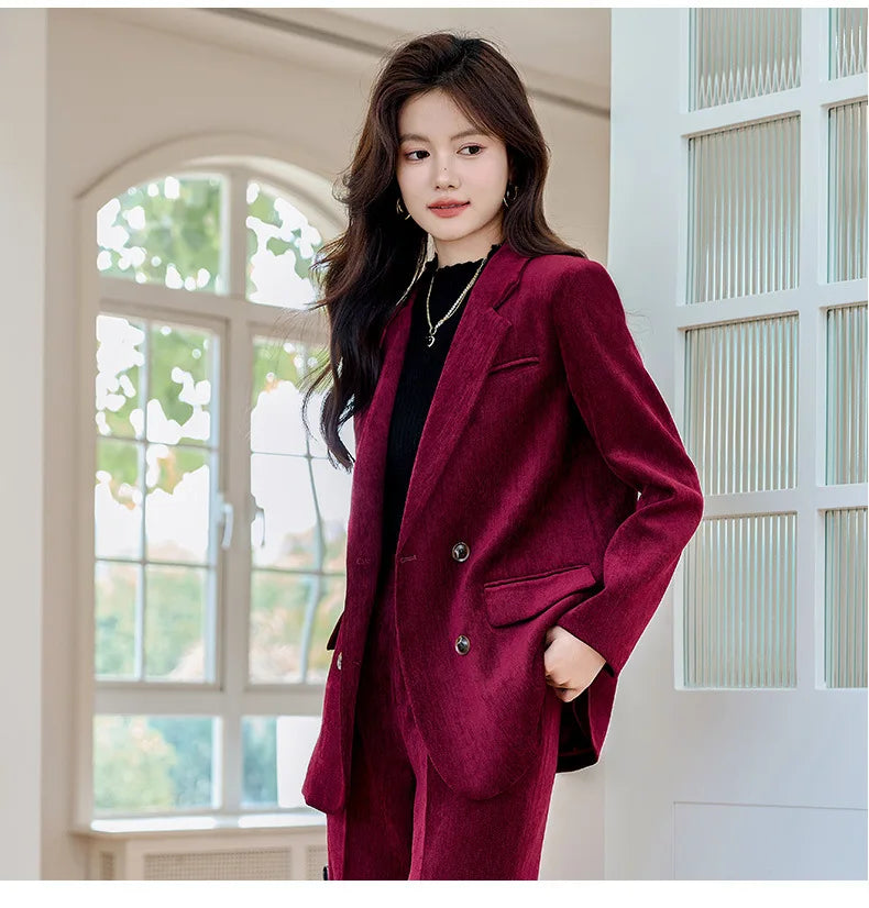 Pleuche Women Suits Office Sets 2024 Autumn New Fashion Notched Double Breasted Blazers Vintage Casual Wide Leg Pants Suits