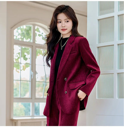 Pleuche Women Suits Office Sets 2024 Autumn New Fashion Notched Double Breasted Blazers Vintage Casual Wide Leg Pants Suits