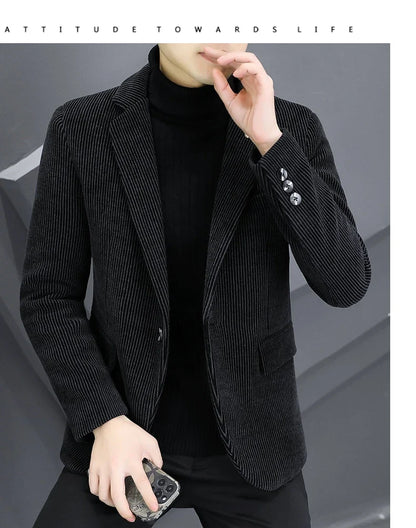 Blazer Autumn/Winter Golden Sable Velvet and Cotton Thickened Thermal Small Suit Fashion Business Men's Slim Blazer