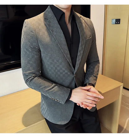 2024 Spring Plaid Blazers Men Single Breasted Casual Business Suit Jacket Fashion Slim Social Banquet Wedding Groom Dress Coats