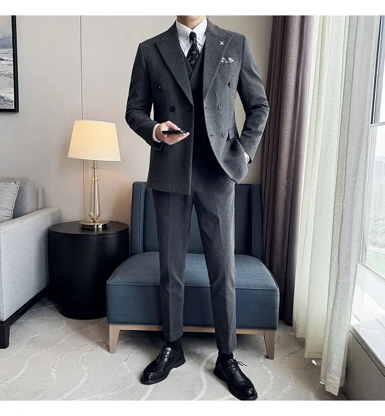 (Jacket+Pant) Autumn Winter Thickened Woolen Suit 2025 New High Quality Slim Business Tuxedo Fashion Wedding Social Suits