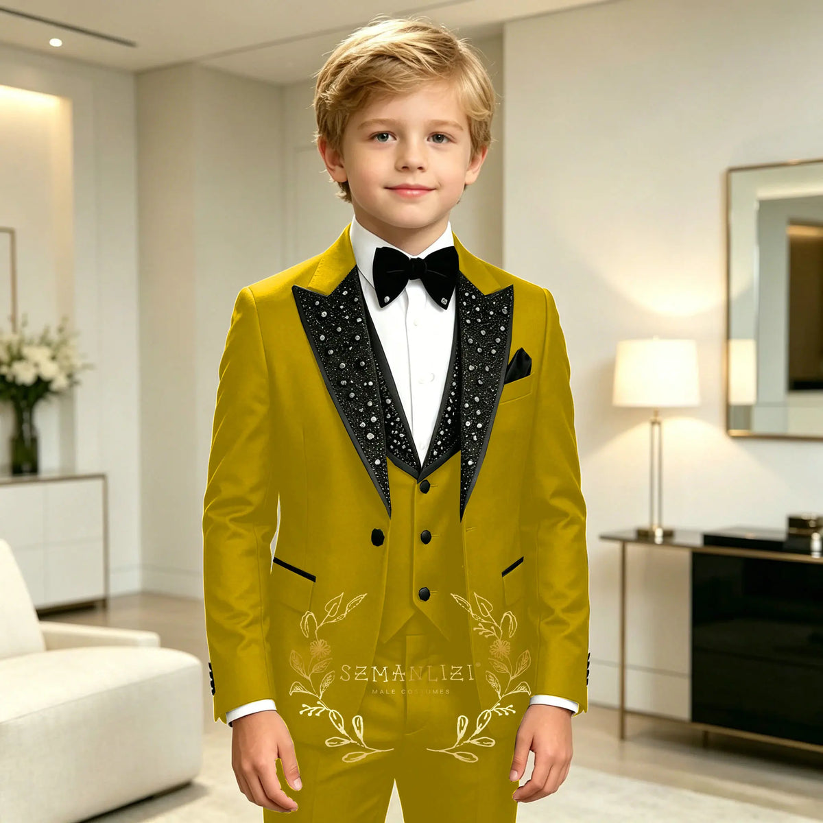 Classic Suits for Boys Black Crystals 3-Piece Fashion Stylish Boy's Tuxedo Formal For Party Outfit For Kids Blazer Vest Pant