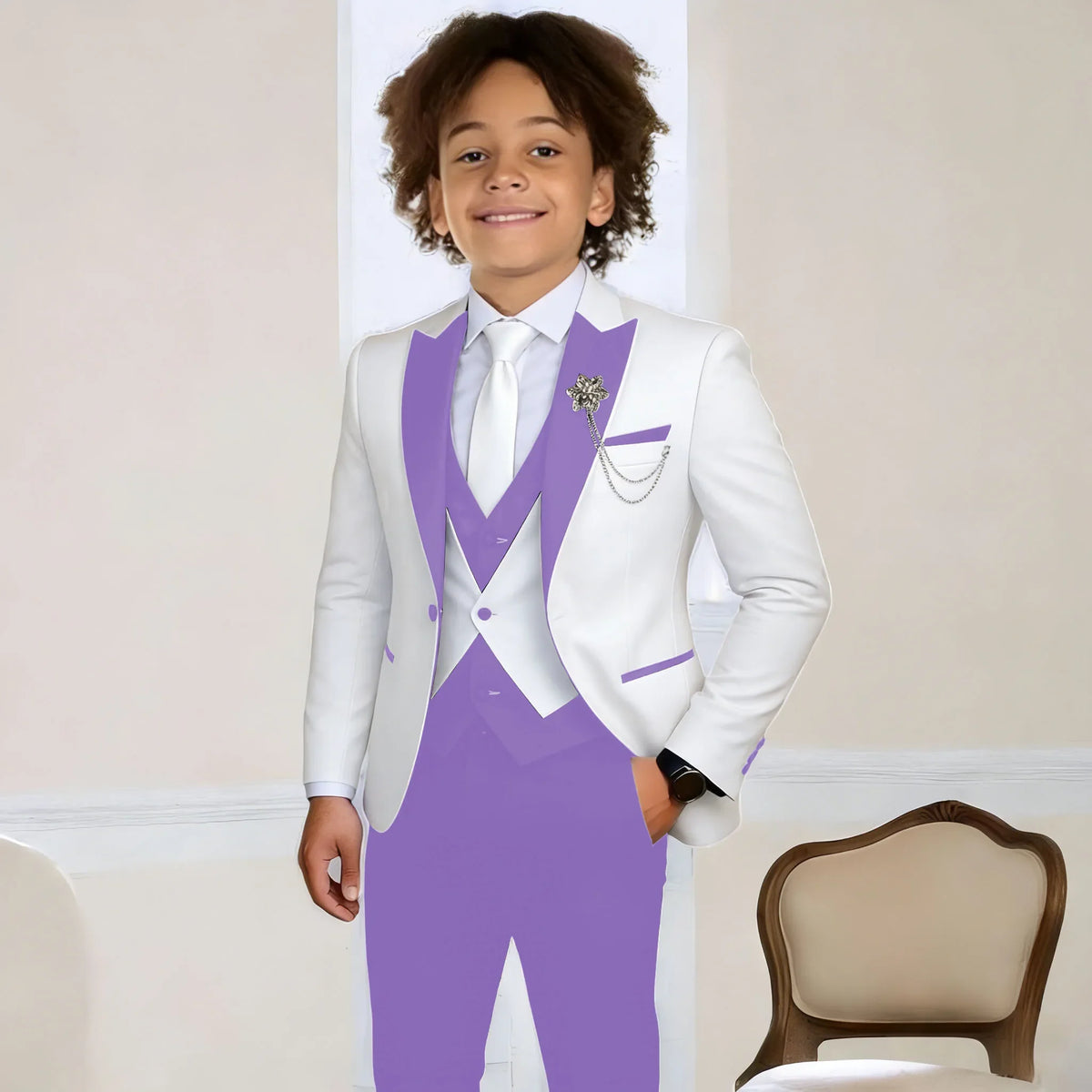 White Suit for Boys Fashion Formal Flower Boys Wedding Tuxedos 3-Piece Set (Jacket Pants Vest) Party Slim Fit Suit Kids Clothes