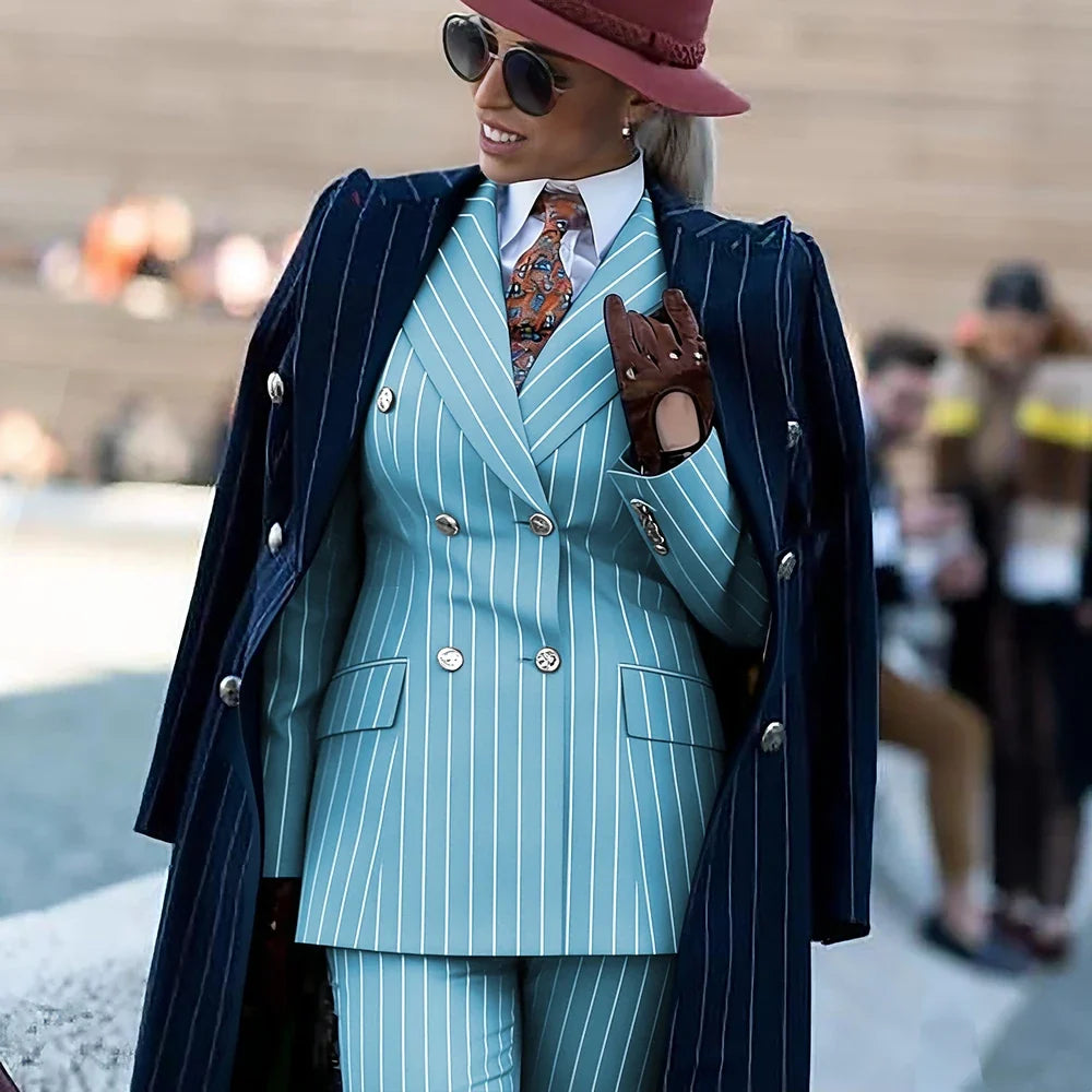 Formal Women's Burgundy Pinstripe Suit with Navy Blue Striped Coat Double Breasted 3Piece Set Elegant Evening Party Outerwears