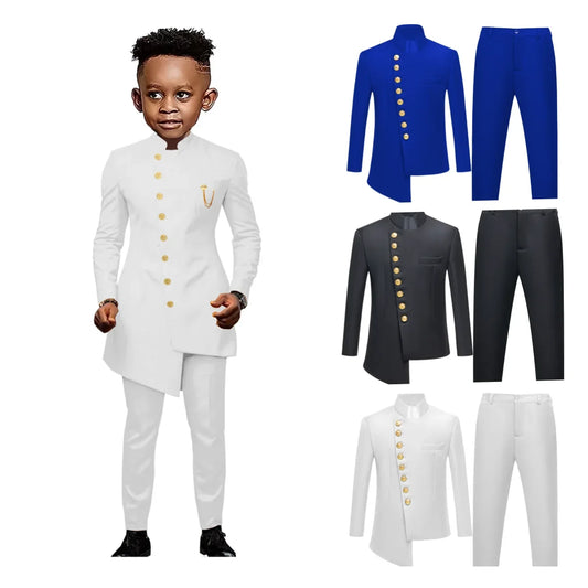 Boys Slim Fit Two-Piece Formal Suit with Gold Buttons – Kids Wedding & Party Tuxedo Set