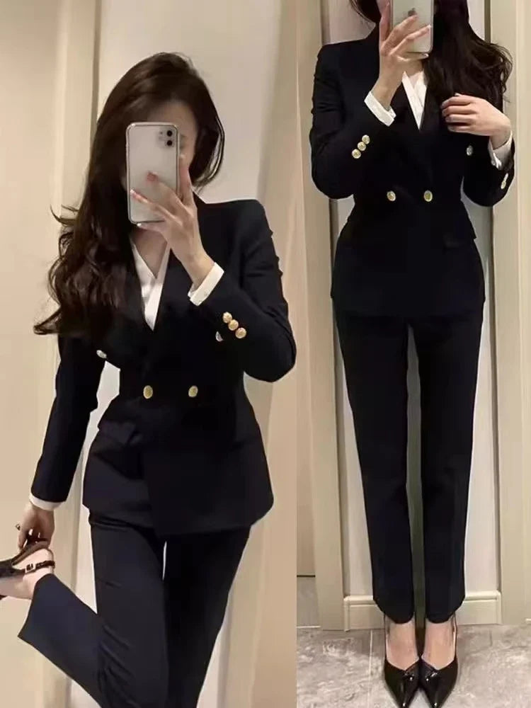 Navy blue Fashion Women Pant Suit Long Sleeve Solid Ladies Blazer and Trouser Formal 2 Piece Sets