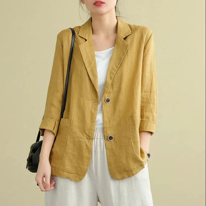 Casual Cotton and Linen Suit Jacket Women 2025 Spring and Summer New Loose solid Long-sleeved Blazer Woman Sunscreen Clothing