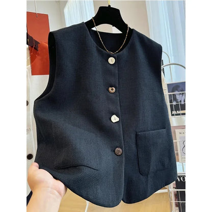 French Femme High End Waistcoat Tops Outwear Women Fashion Round Neck Sleeveless Jacket Spring Autumn Lady Solid Color Vest Coat
