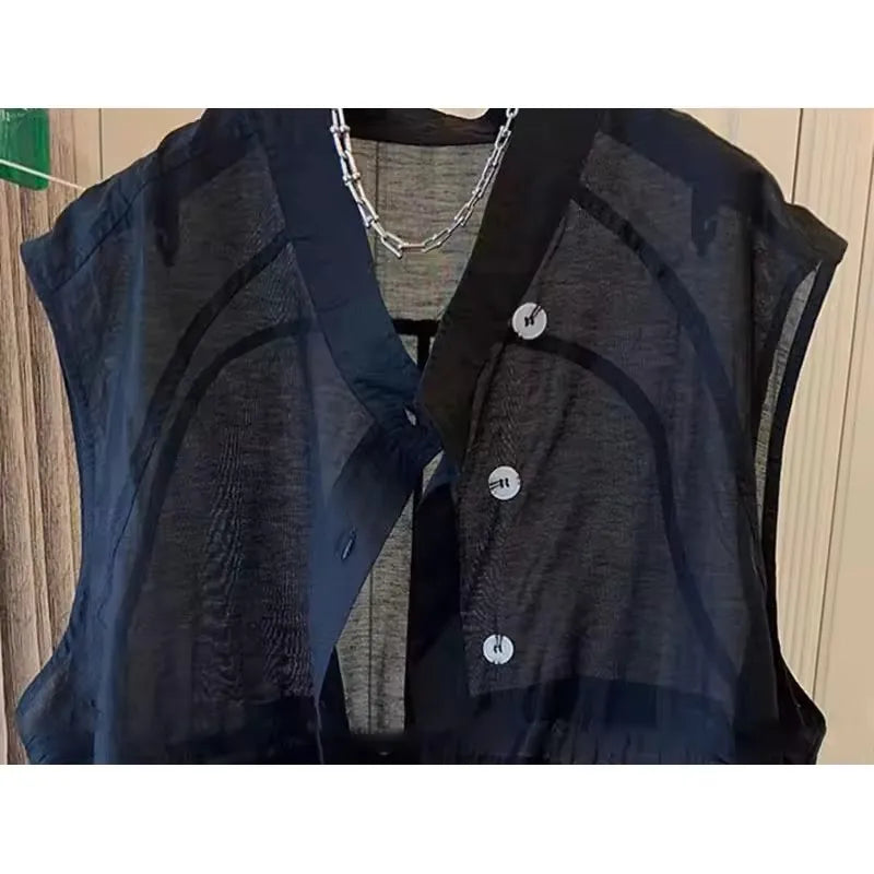 Summer Mid-Length Thin Vest Women Solid Casual V Neck Sleeveless Jackets 2025 Korean Loose Waistcoat Female Outwear