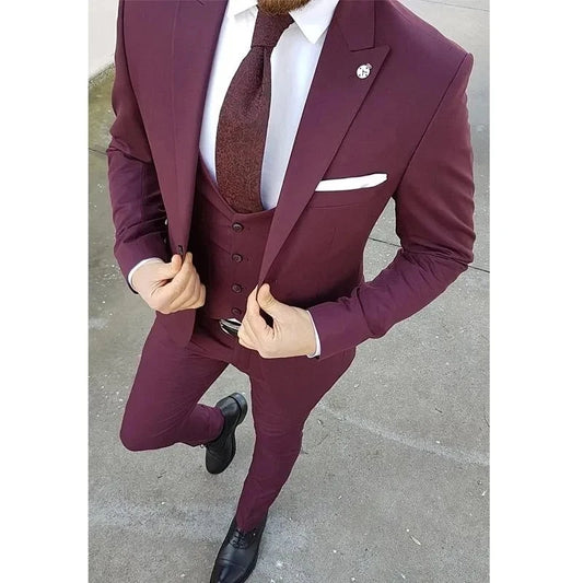 Slim Fit Casual Men Suits 3 Piece Groom Tuxedo for Wedding Prom Burgundy and White Male Fashion Costume Jacket Waistcoat Pants