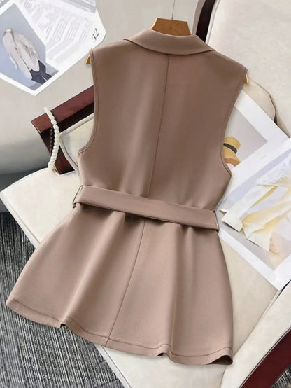 Fashion Sleeveless Slim Suit Collar Women Vest Spring Autumn New Single Breasted Elegant Lace Up Female Versatile Vest Tops 2025