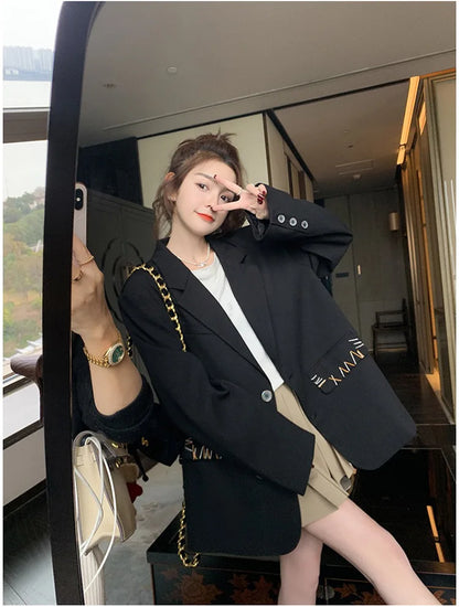 Spring Autumn New Women's Blazer Notched Collar Single Breasted Pockets High-End Elegant Fashion Office Lady Jacket HK13904