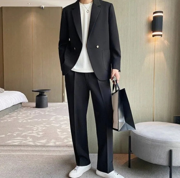 Men's Spring Autumn Casual Blazer Set Korean Slim Fit Lightweight Loose Smart Chic Suit Jacket Fashion Trendy Top