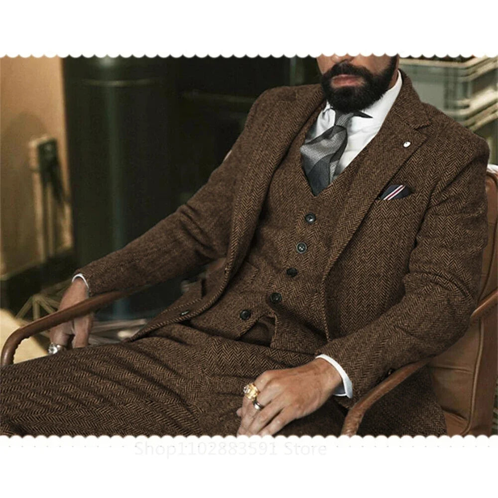 Costume de mariage 3 pièces homme (Veste + Gilet + Pantalon) en tweed de laine gris - Motif chevrons, formel, pour marié