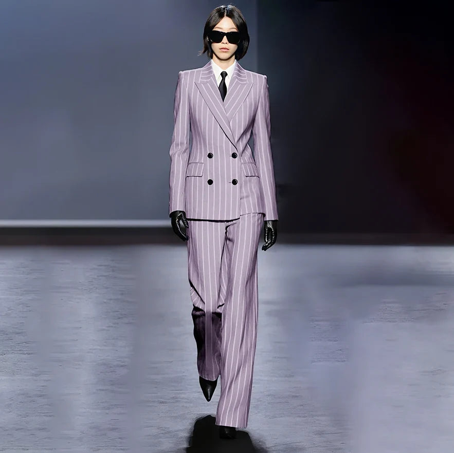 Dark Blue Stripes Women Suit Customized Double-breasted Peak Lapel Two Pieces(Jacket+Pants) Business Office Lady Competent Set